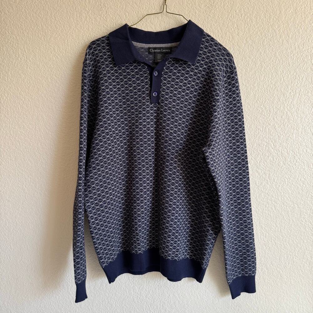 Vintage DSWT Christian Lacroix Jacquard Knitted Polo Shirt Blue Gray Men Size M